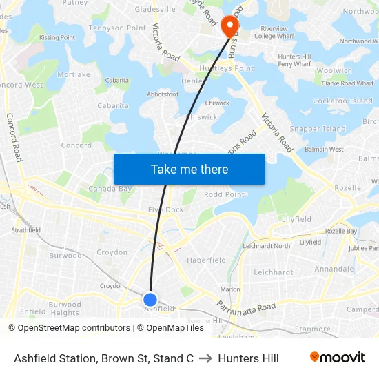 Ashfield Station, Brown St, Stand C to Hunters Hill map