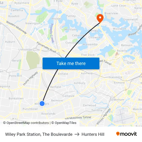 Wiley Park Station, The Boulevarde to Hunters Hill map
