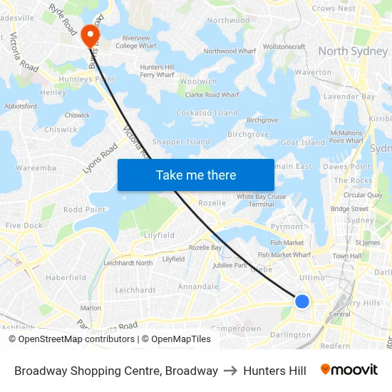 Broadway Shopping Centre, Broadway to Hunters Hill map