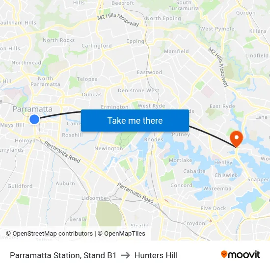 Parramatta Station, Stand B1 to Hunters Hill map