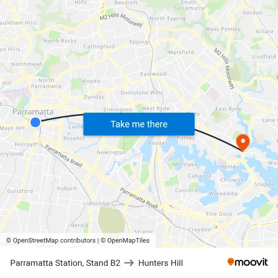 Parramatta Station, Stand B2 to Hunters Hill map