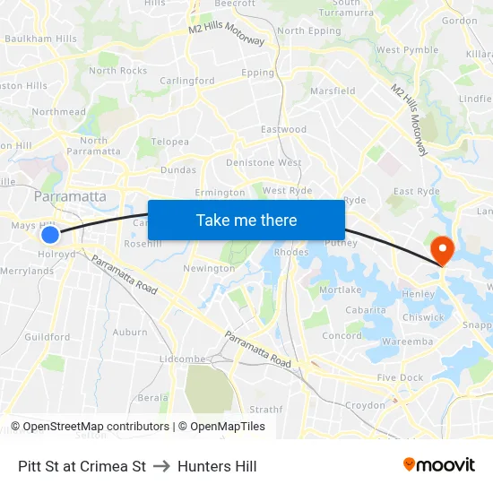 Pitt St at Crimea St to Hunters Hill map