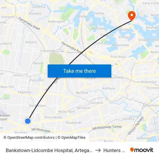 Bankstown-Lidcombe Hospital, Artegall St to Hunters Hill map