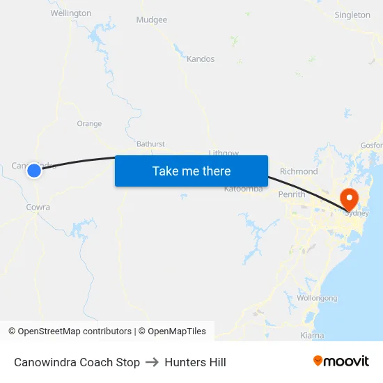 Canowindra Coach Stop to Hunters Hill map