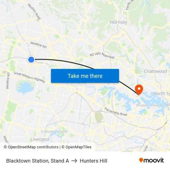 Blacktown Station, Stand A to Hunters Hill map