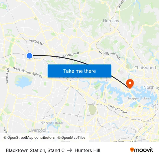 Blacktown Station, Stand C to Hunters Hill map