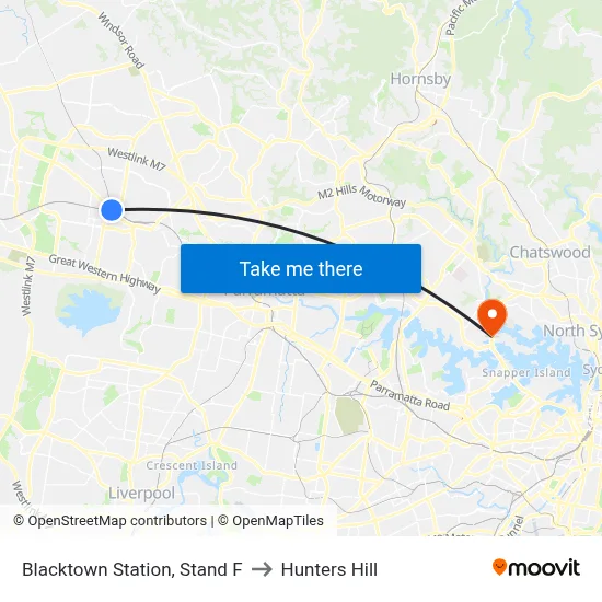 Blacktown Station, Stand F to Hunters Hill map
