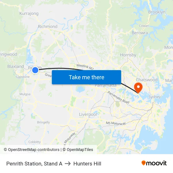 Penrith Station, Stand A to Hunters Hill map