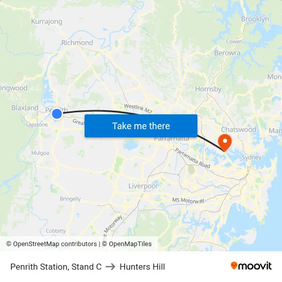 Penrith Station, Stand C to Hunters Hill map