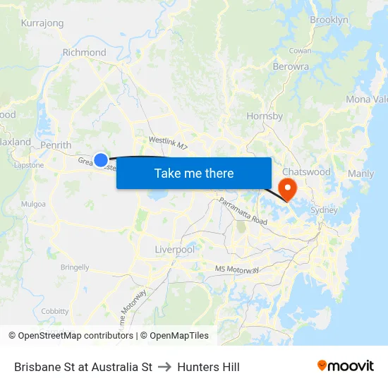 Brisbane St at Australia St to Hunters Hill map