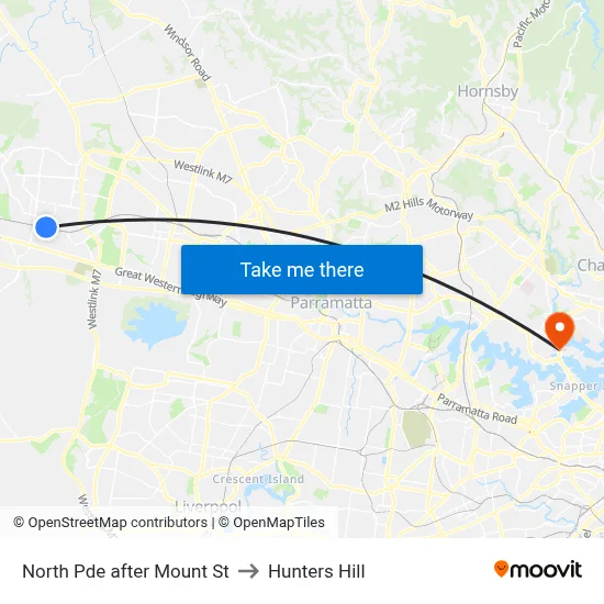 North Pde after Mount St to Hunters Hill map