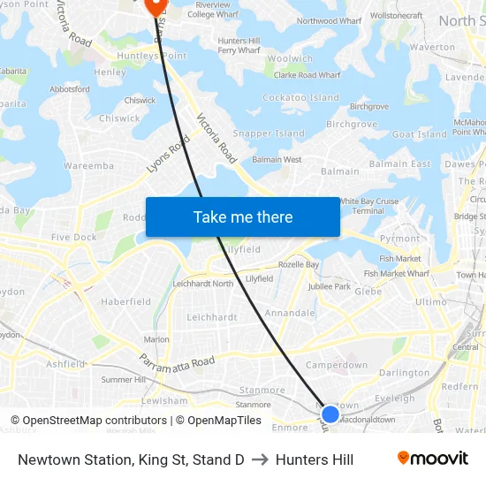Newtown Station, King St, Stand D to Hunters Hill map