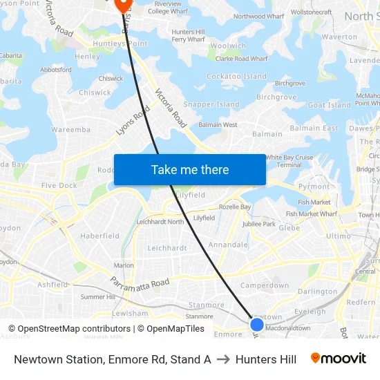 Newtown Station, Enmore Rd, Stand A to Hunters Hill map