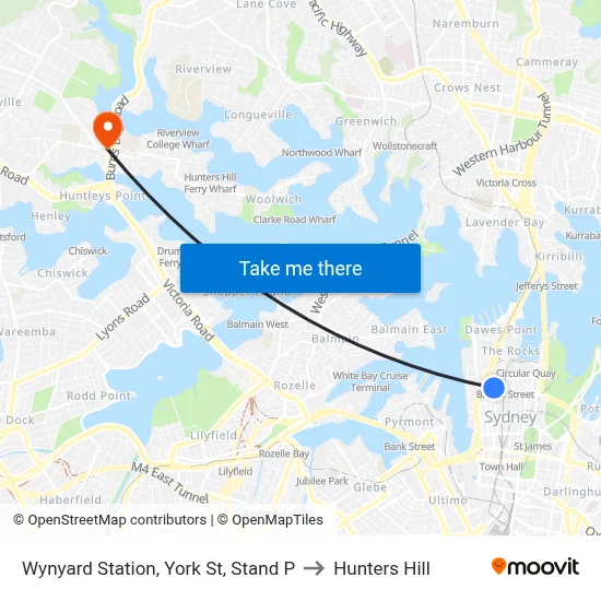 Wynyard Station, York St, Stand P to Hunters Hill map