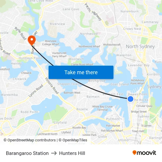 Barangaroo Station to Hunters Hill map