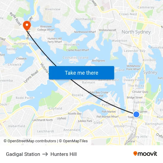 Gadigal Station to Hunters Hill map