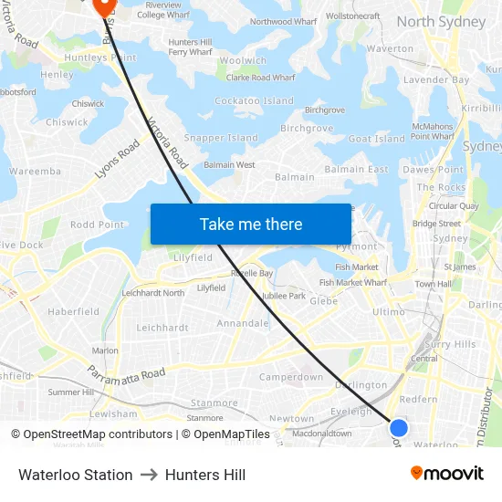 Waterloo Station to Hunters Hill map