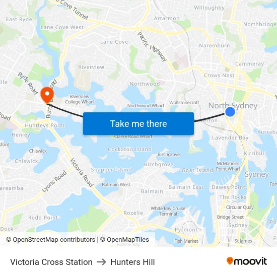 Victoria Cross Station to Hunters Hill map