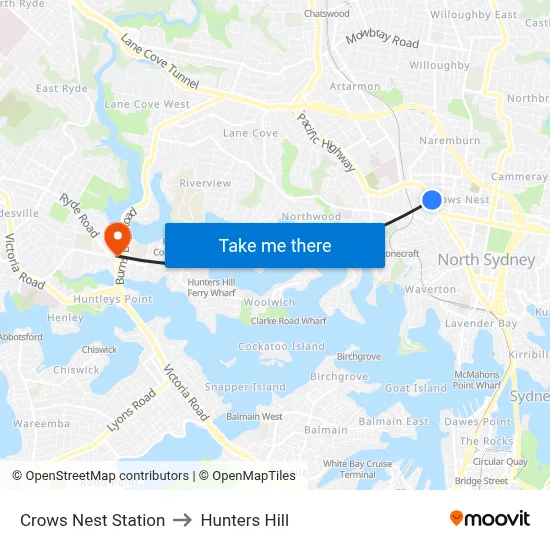 Crows Nest Station to Hunters Hill map