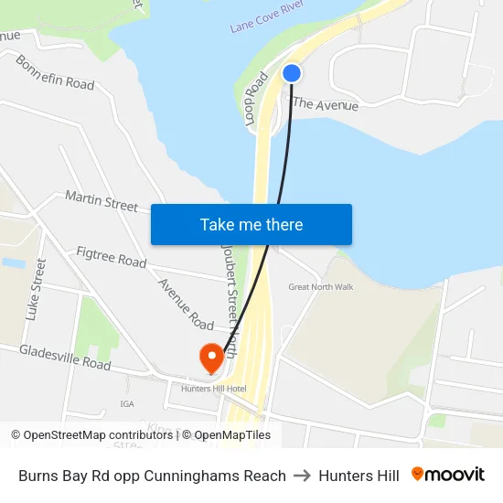 Burns Bay Rd opp Cunninghams Reach to Hunters Hill map