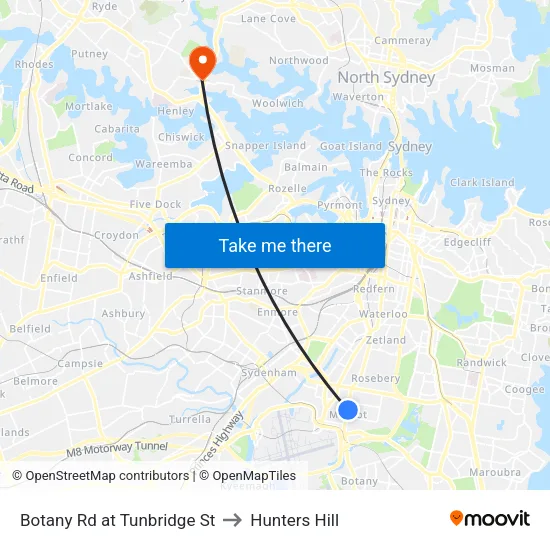Botany Rd at Tunbridge St to Hunters Hill map