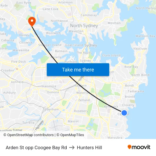 Arden St opp Coogee Bay Rd to Hunters Hill map