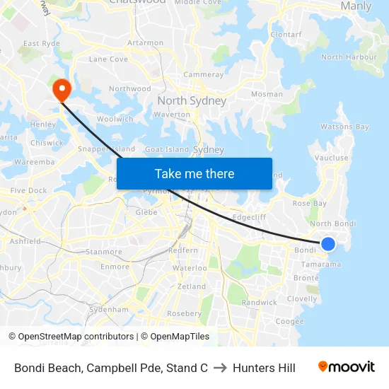 Bondi Beach, Campbell Pde, Stand C to Hunters Hill map