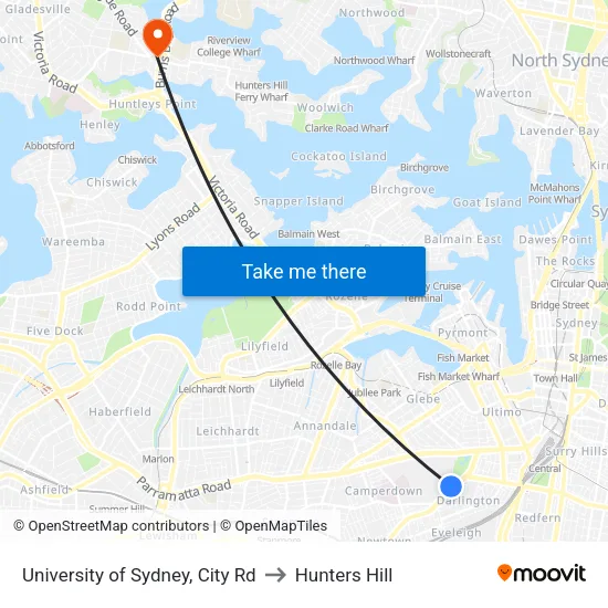University of Sydney, City Rd to Hunters Hill map