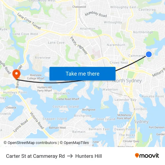 Carter St at Cammeray Rd to Hunters Hill map