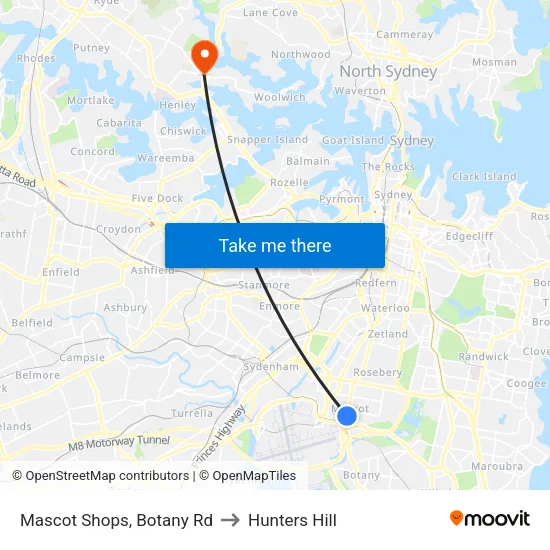 Mascot Shops, Botany Rd to Hunters Hill map