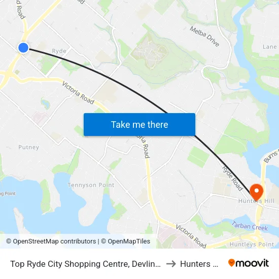 Top Ryde City Shopping Centre, Devlin St to Hunters Hill map