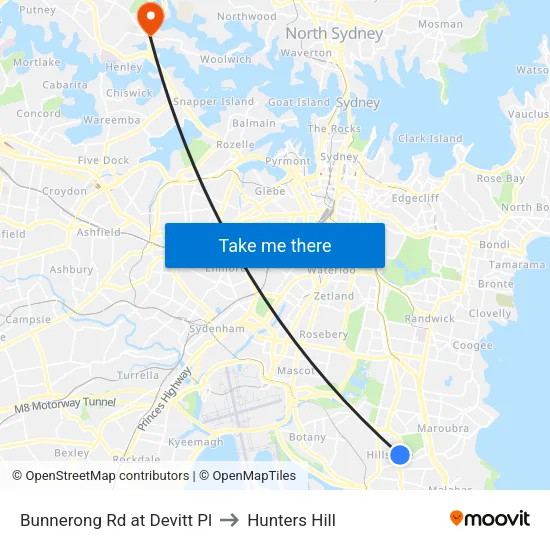 Bunnerong Rd at Devitt Pl to Hunters Hill map