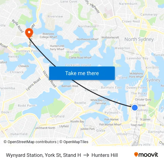 Wynyard Station, York St, Stand H to Hunters Hill map