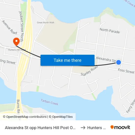 Alexandra St opp Hunters Hill Post Office to Hunters Hill map