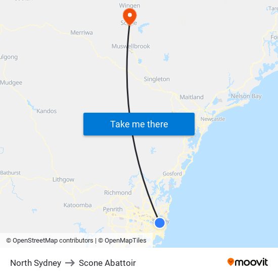 North Sydney to Scone Abattoir map