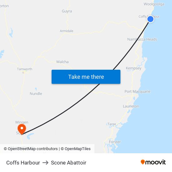 Coffs Harbour to Scone Abattoir map