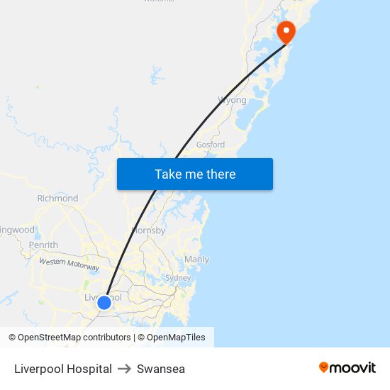 Liverpool Hospital to Swansea map