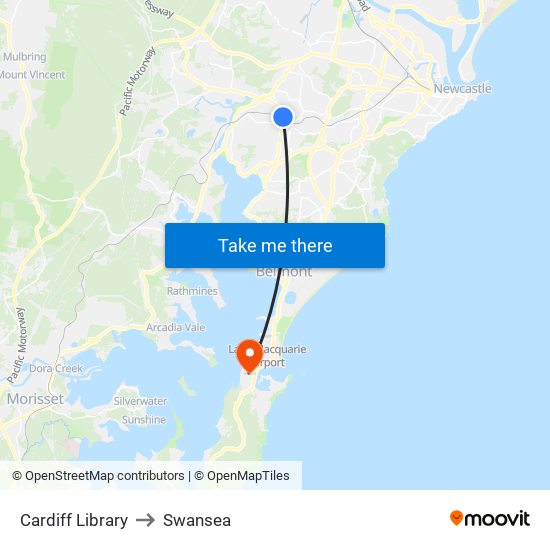 Cardiff Library to Swansea map