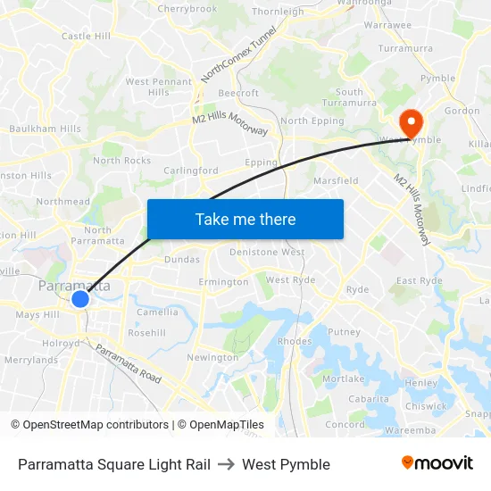 Parramatta Square Light Rail to West Pymble map