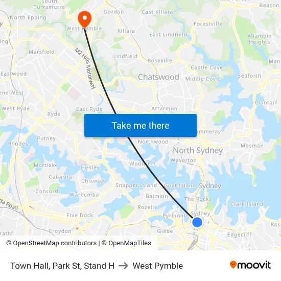 Town Hall, Park St, Stand H to West Pymble map