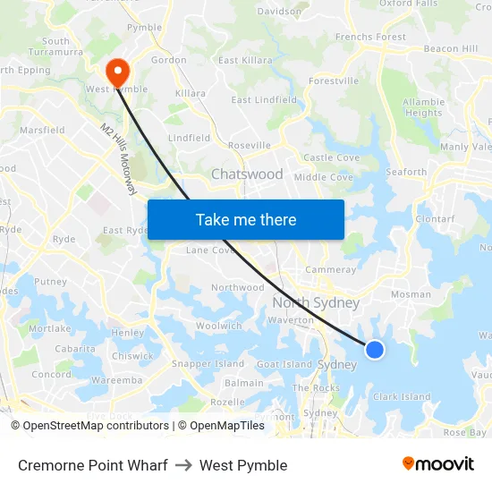 Cremorne Point Wharf to West Pymble map
