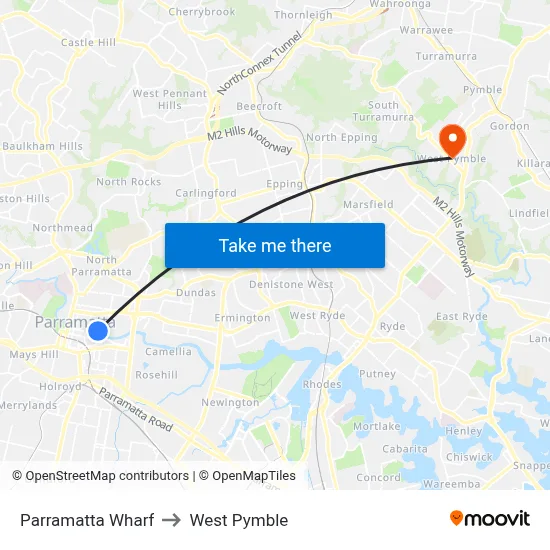 Parramatta Wharf to West Pymble map