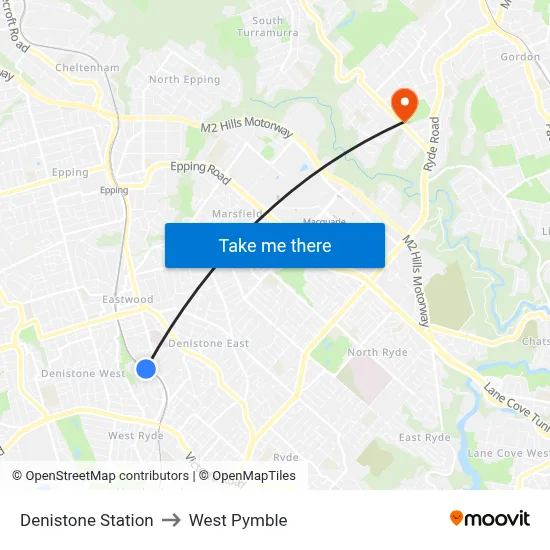 Denistone Station to West Pymble map