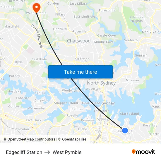 Edgecliff Station to West Pymble map