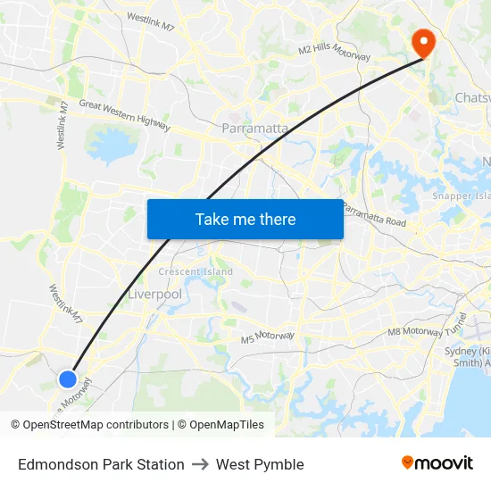 Edmondson Park Station to West Pymble map