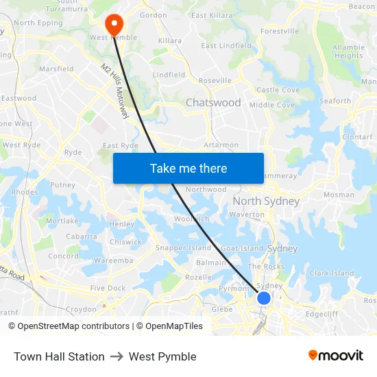 Town Hall Station to West Pymble map
