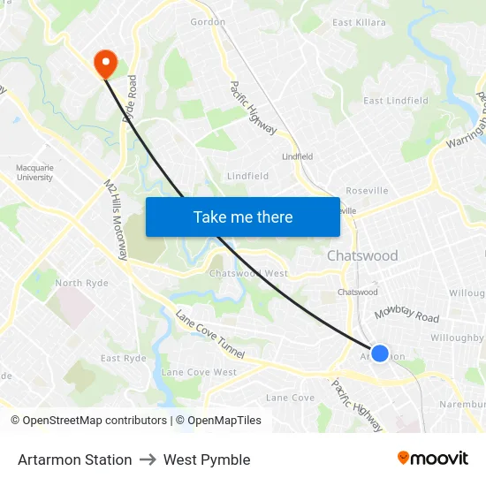 Artarmon Station to West Pymble map