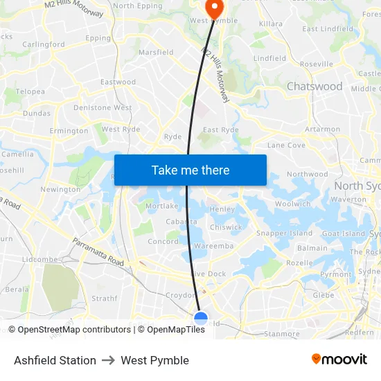 Ashfield Station to West Pymble map