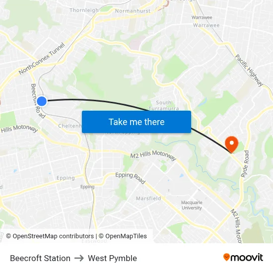 Beecroft Station to West Pymble map