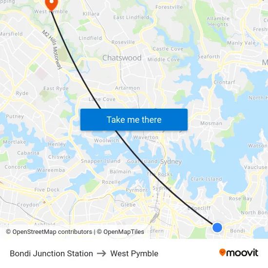 Bondi Junction Station to West Pymble map